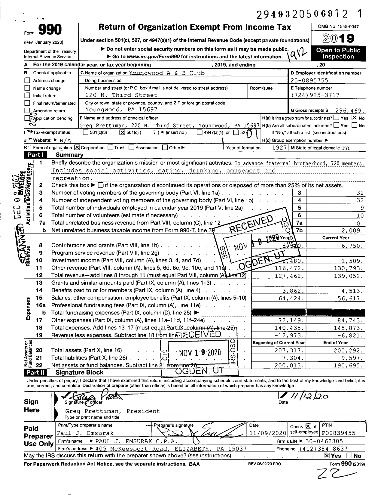 Image of first page of 2019 Form 990O for Youngwood A & B Club