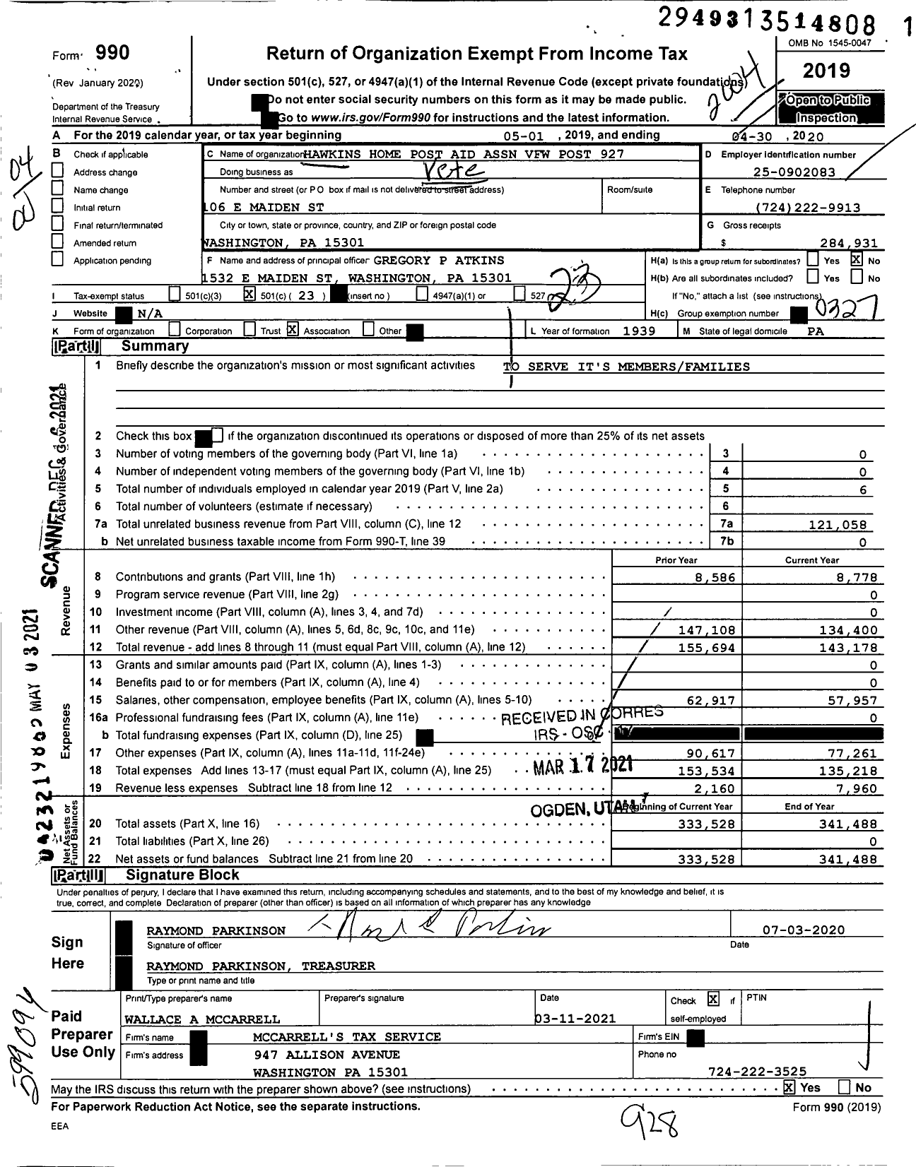 Image of first page of 2019 Form 990O for VFW Department of Pennsylvania - 927 Vfw-Penn