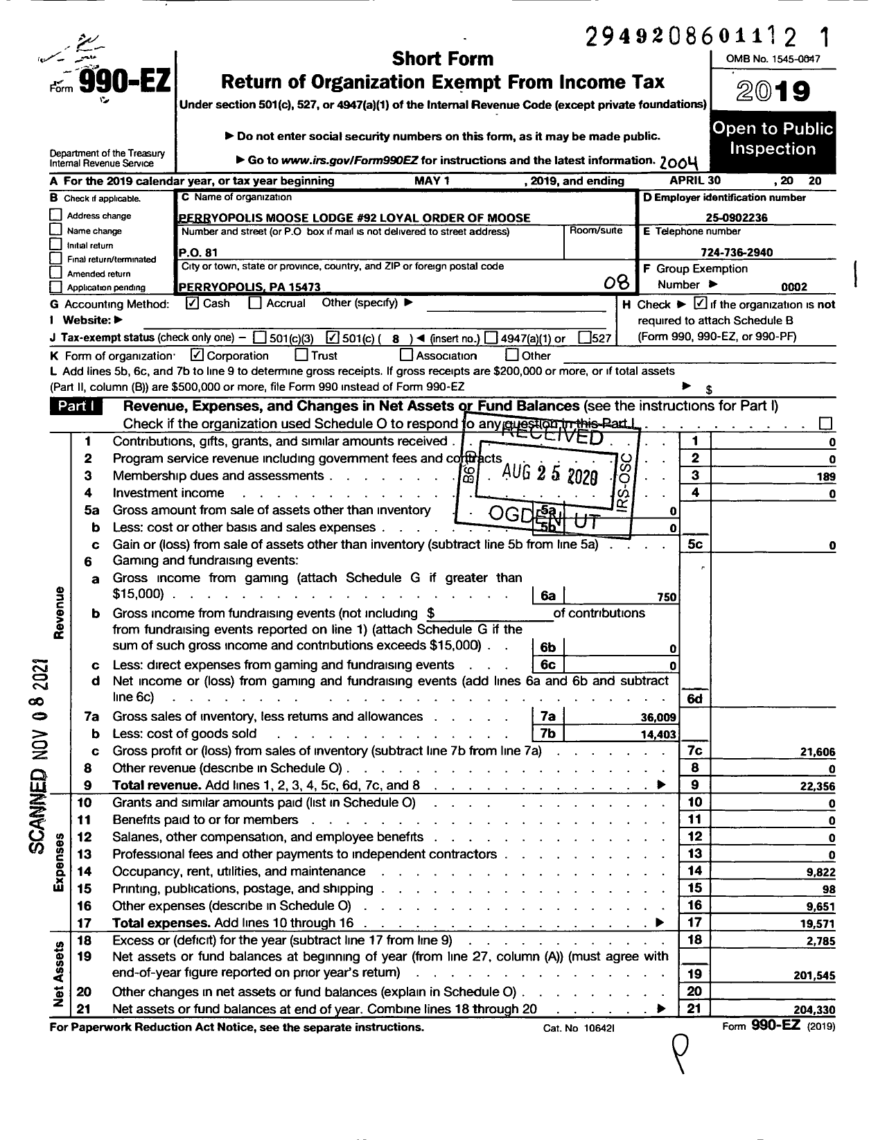 Image of first page of 2019 Form 990EO for Loyal Order of Moose - 92