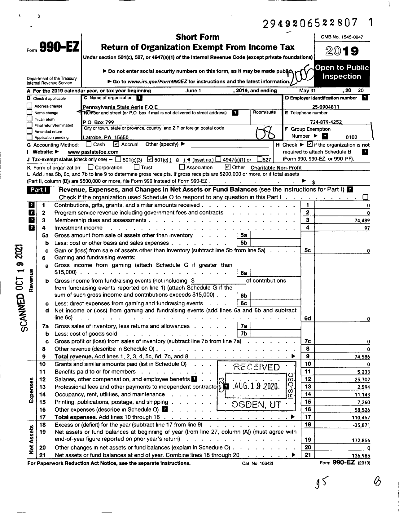 Image of first page of 2019 Form 990EO for Fraternal Order of Eagles - Pennsylvania State Aerie