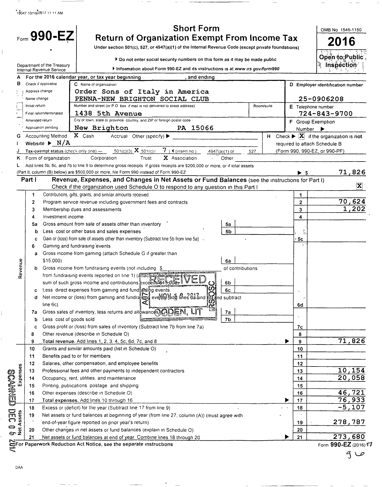 Image of first page of 2016 Form 990EO for Order Sons of Italy in America Penna New Brighton Social Club