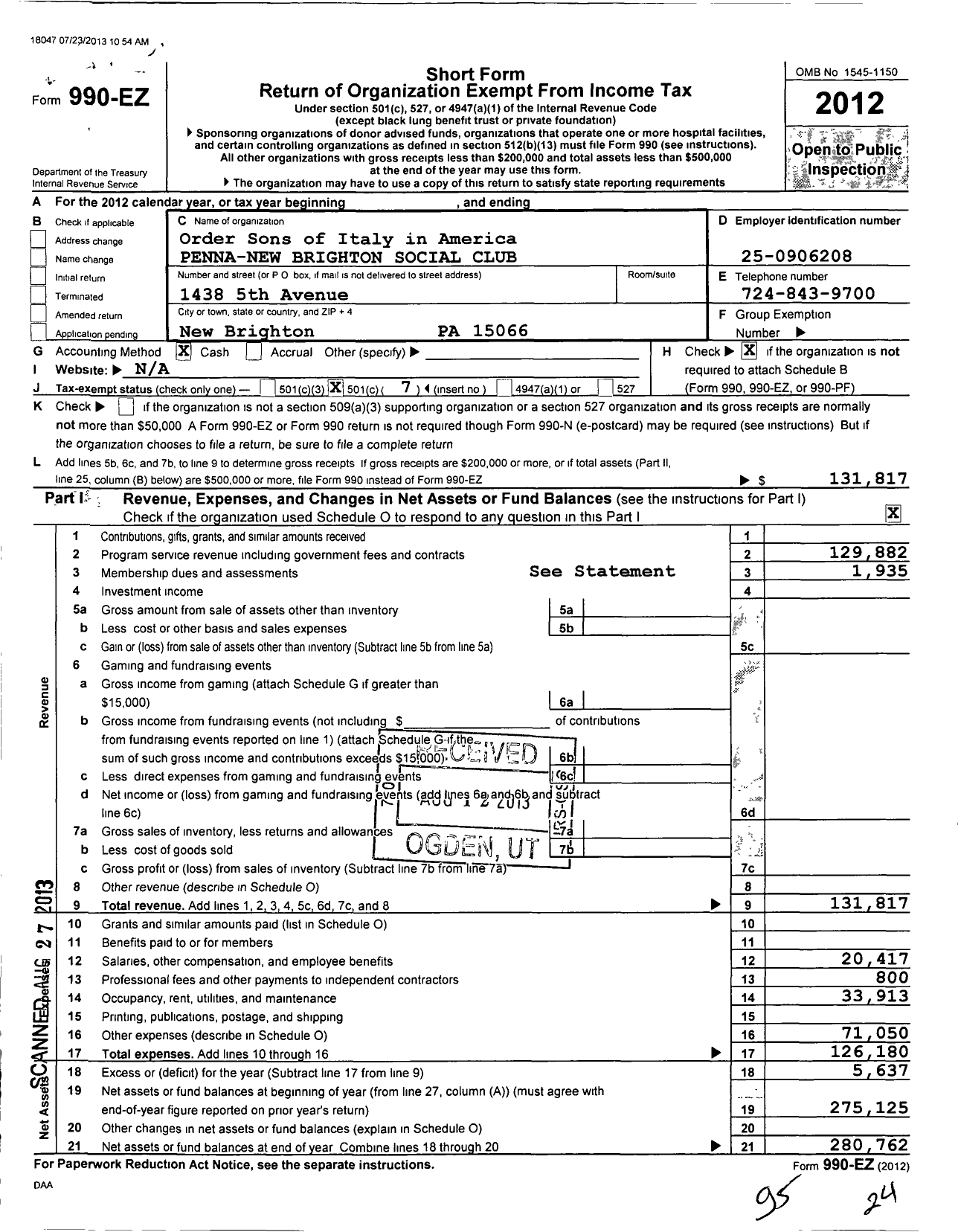 Image of first page of 2012 Form 990EO for Order Sons of Italy in America Penna New Brighton Social Club