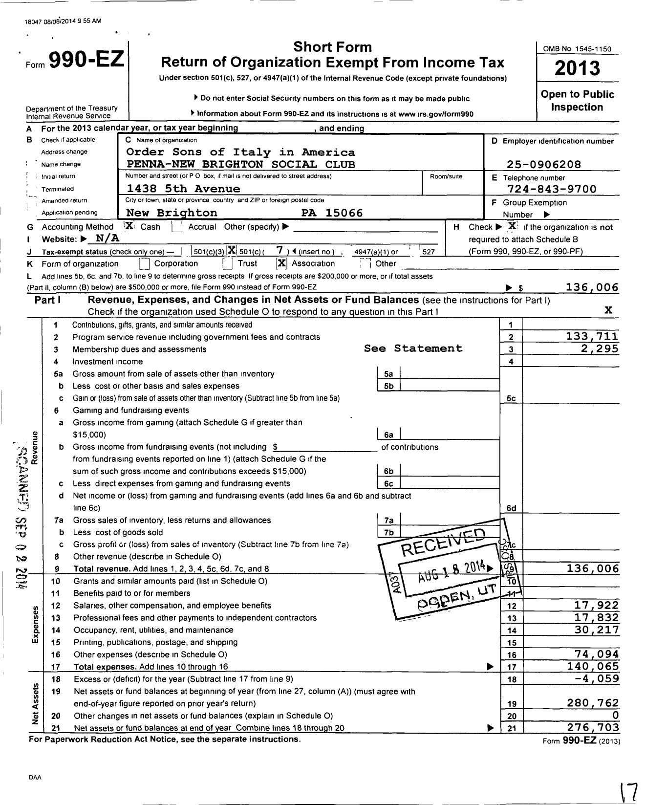 Image of first page of 2013 Form 990EO for Order Sons of Italy in America Penna New Brighton Social Club