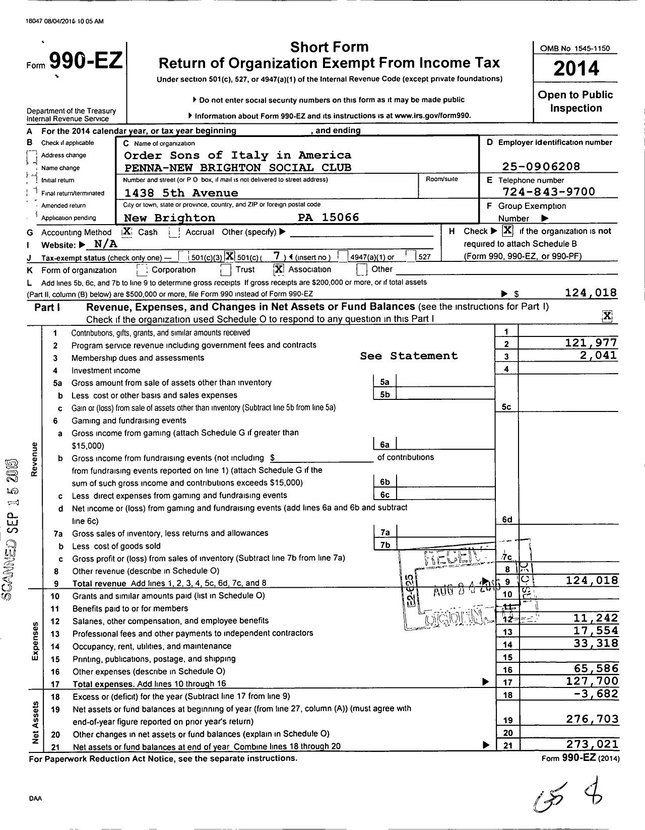 Image of first page of 2014 Form 990EO for Order Sons of Italy in America Penna New Brighton Social Club