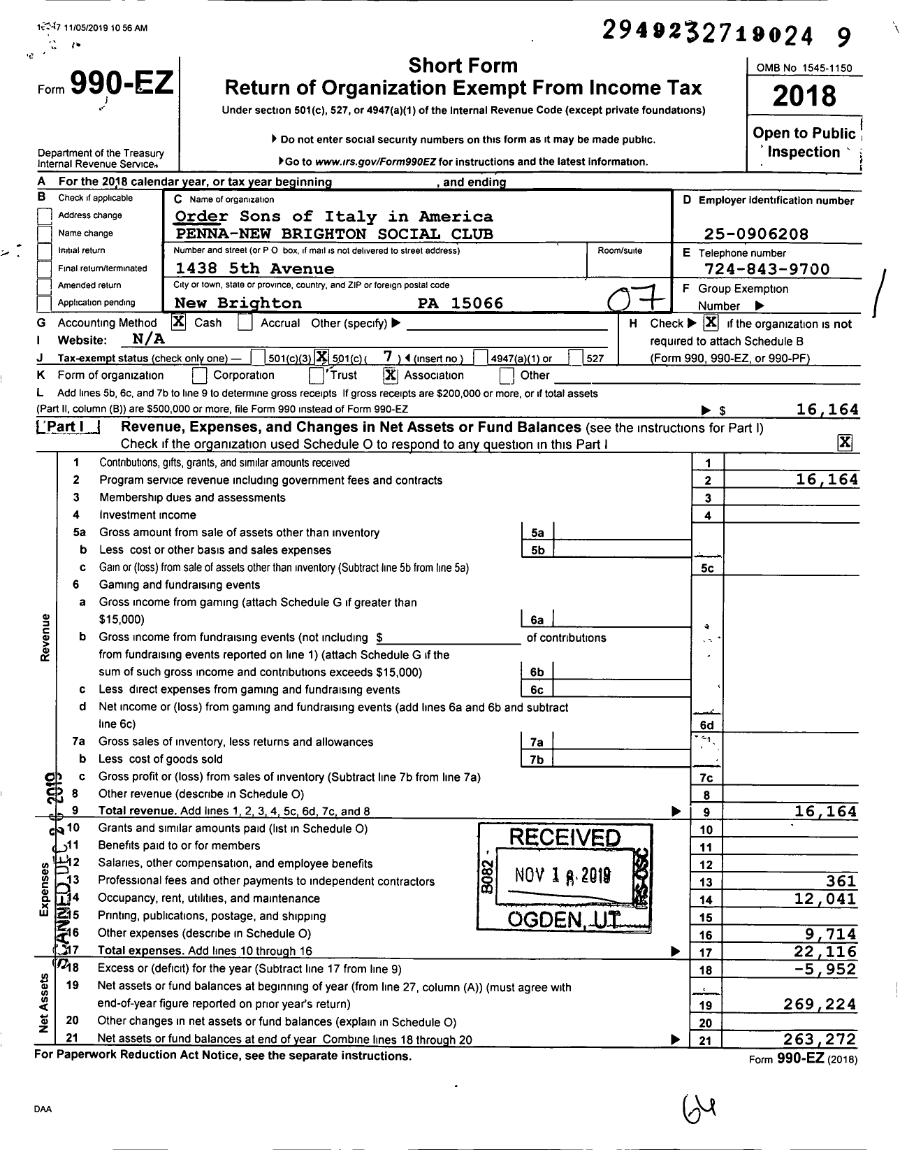 Image of first page of 2018 Form 990EO for Order Sons of Italy in America Penna New Brighton Social Club