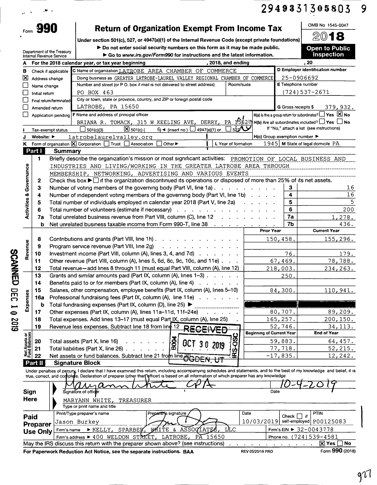 Image of first page of 2018 Form 990O for Latrobe Area Chamber of Commerce Greater Latrobe-Laurel Valley Regio