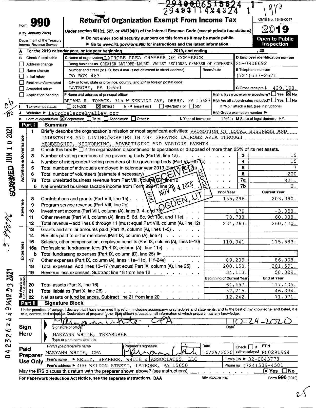 Image of first page of 2019 Form 990O for Latrobe Area Chamber of Commerce Greater Latrobe-Laurel Valley Regio