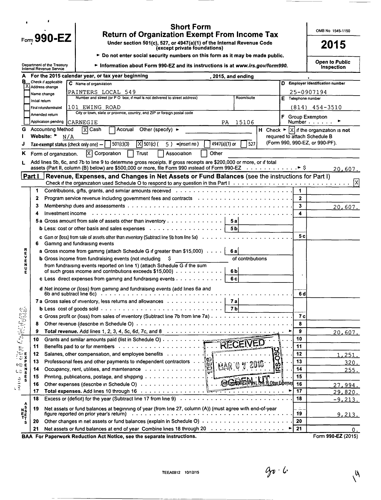 Image of first page of 2015 Form 990EO for International Union of Painters and Allied Trades - 549 Painters Local Union