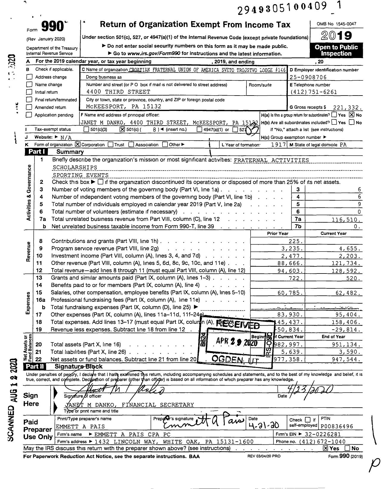 Image of first page of 2019 Form 990 for Croatian Fraternal Union of America - 146 Sveto Trojstvo Lodge Cfu