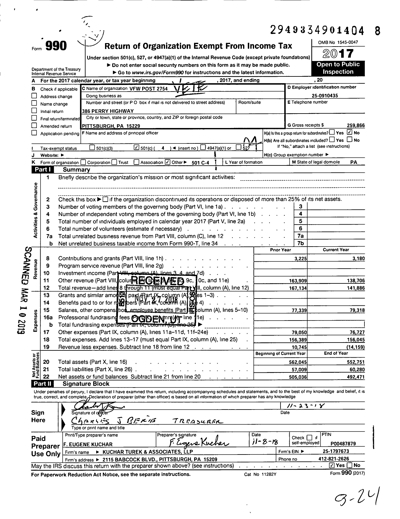 Image of first page of 2017 Form 990O for VFW Department of Pennsylvania - 2754 Vfw-Penn