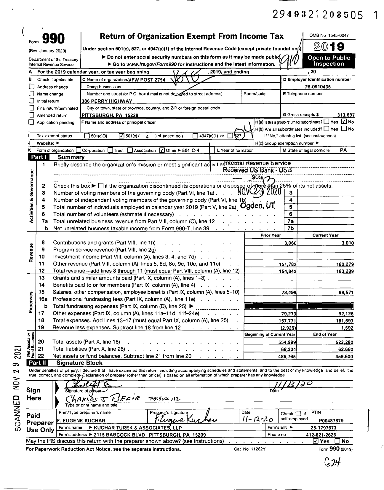 Image of first page of 2019 Form 990O for VFW Department of Pennsylvania - 2754 Vfw-Penn