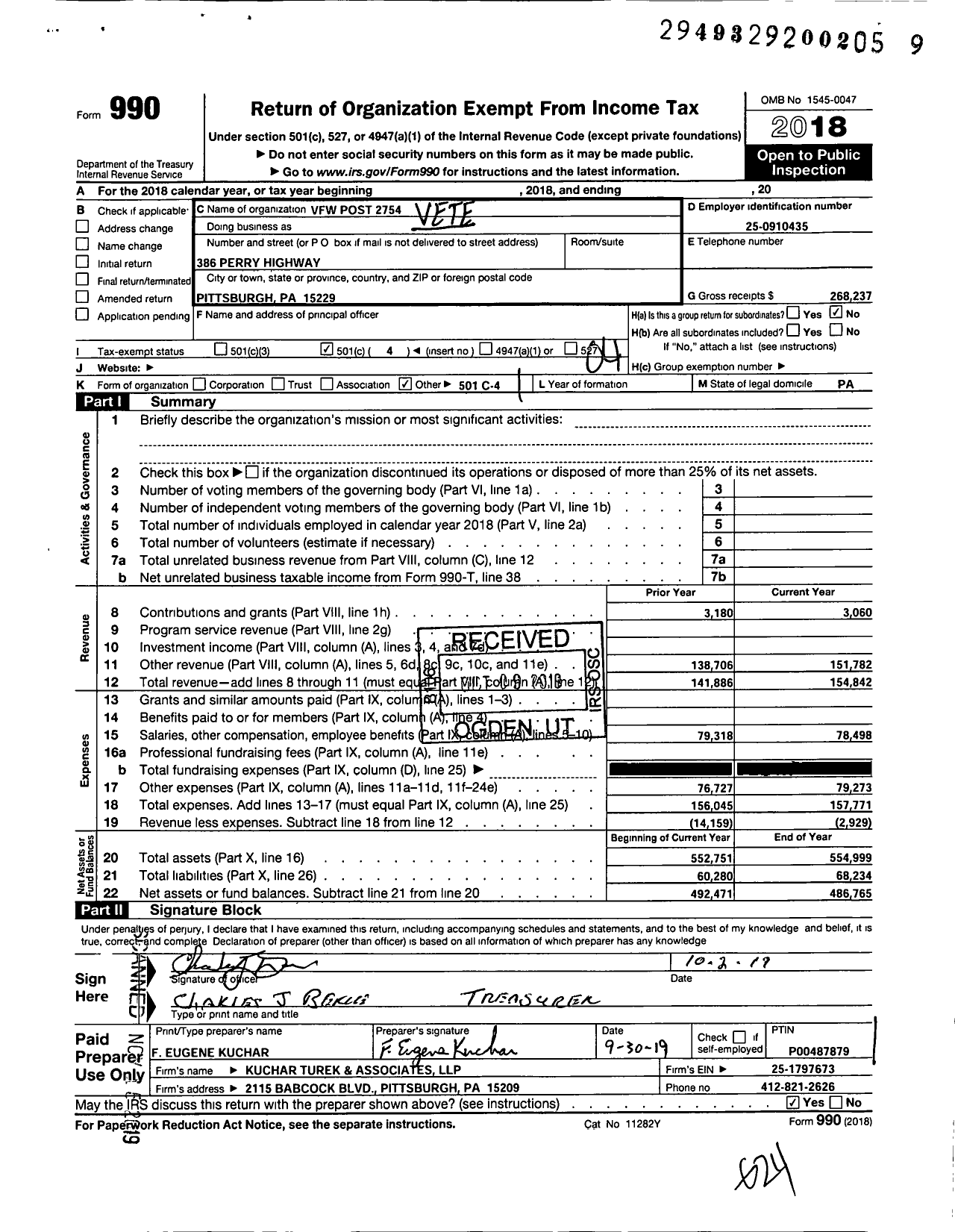 Image of first page of 2018 Form 990O for VFW Department of Pennsylvania - 2754 Vfw-Penn