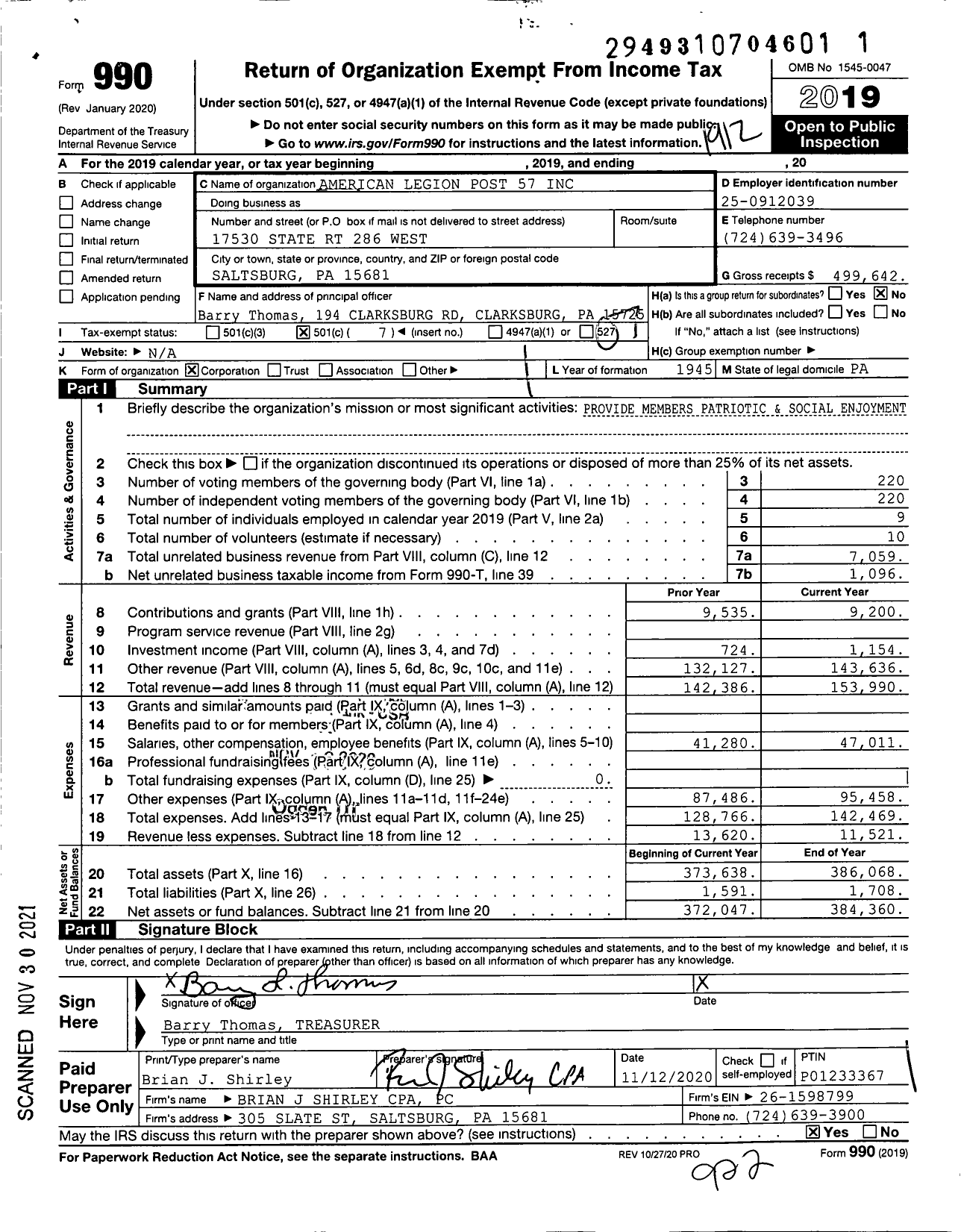 Image of first page of 2019 Form 990O for American Legion Post 57