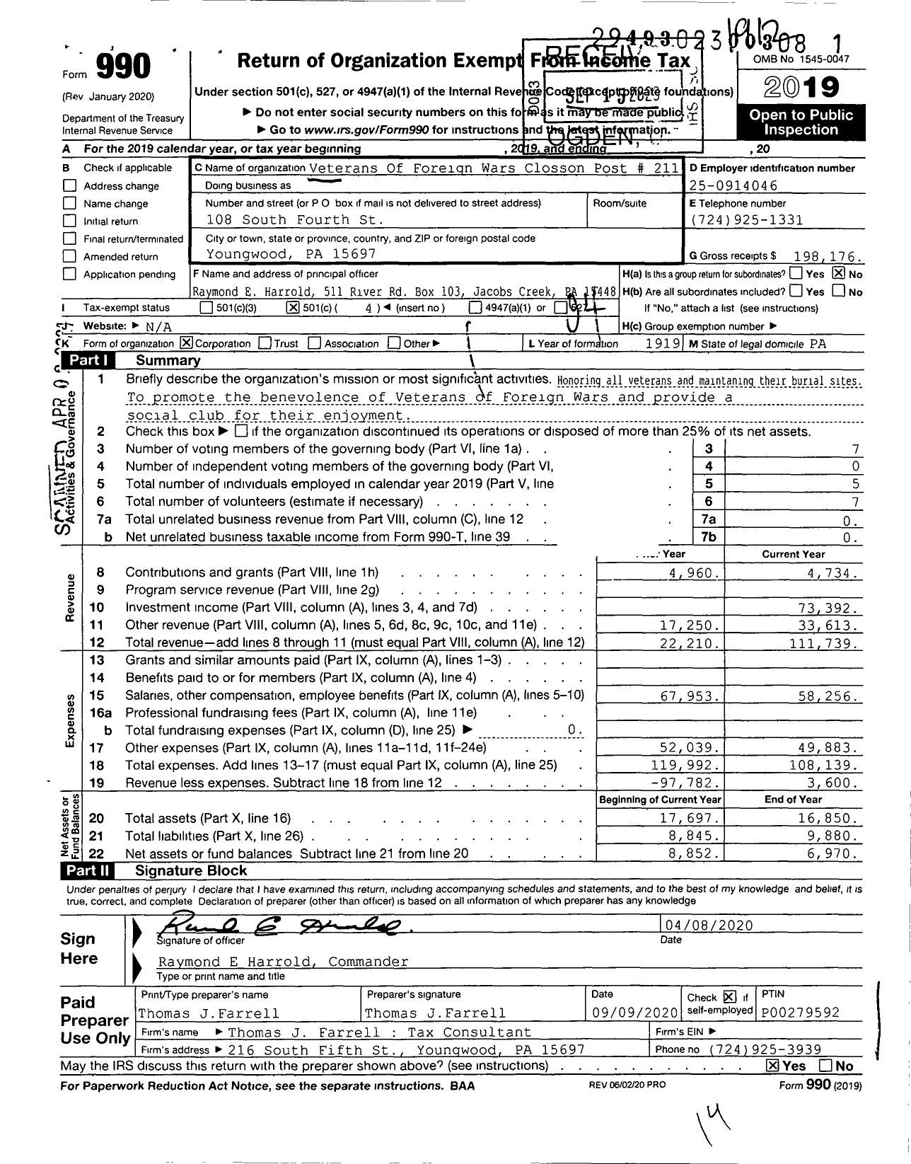 Image of first page of 2019 Form 990O for VFW Department Of Pennsylvania - VFW Closson Post 211