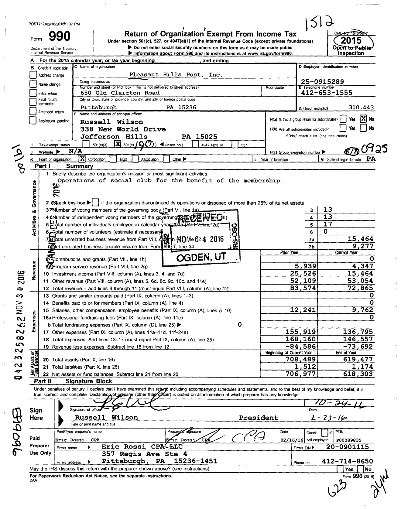 Image of first page of 2015 Form 990O for American Legion - 712 Pleasant Hills Post