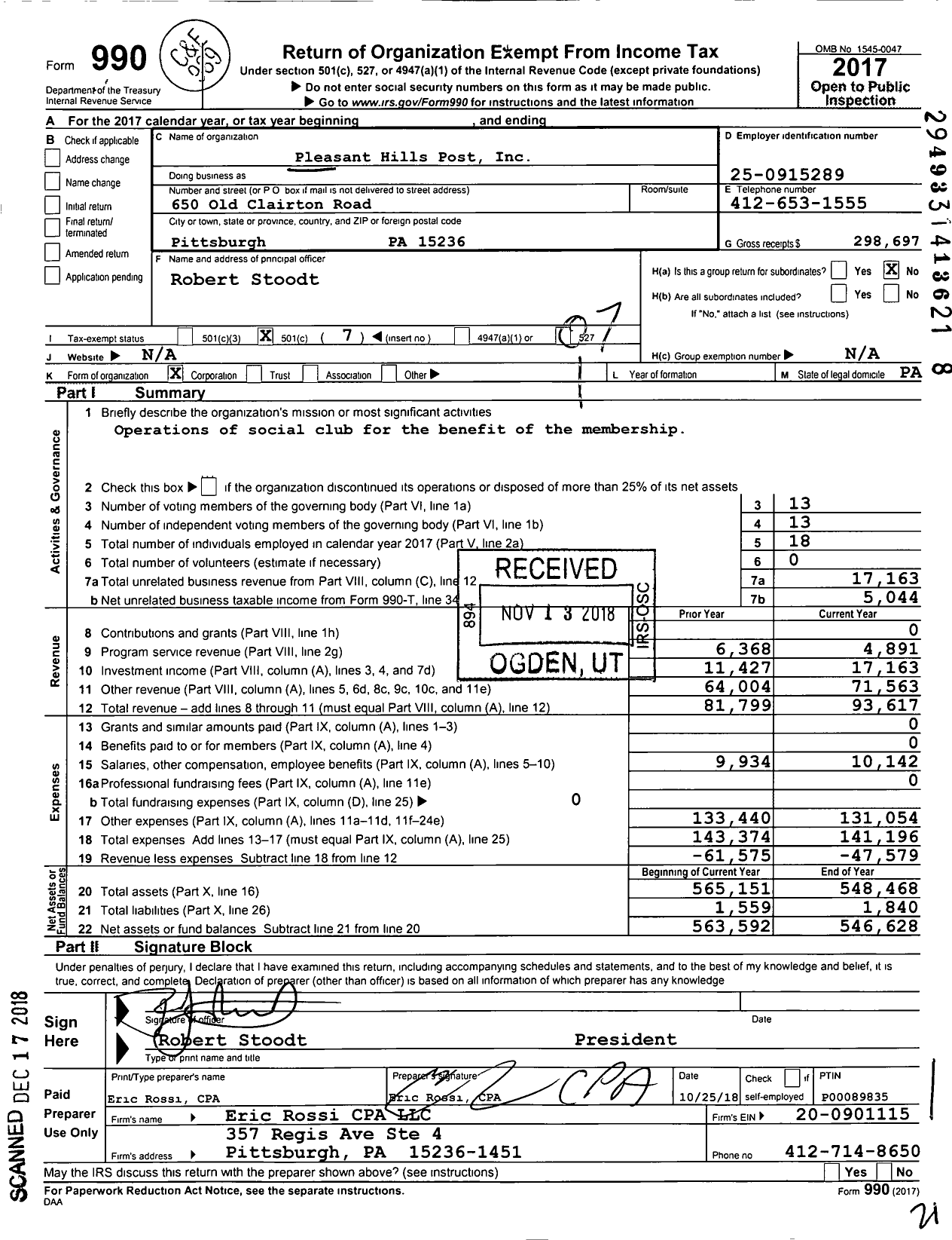 Image of first page of 2017 Form 990O for American Legion - 712 Pleasant Hills Post