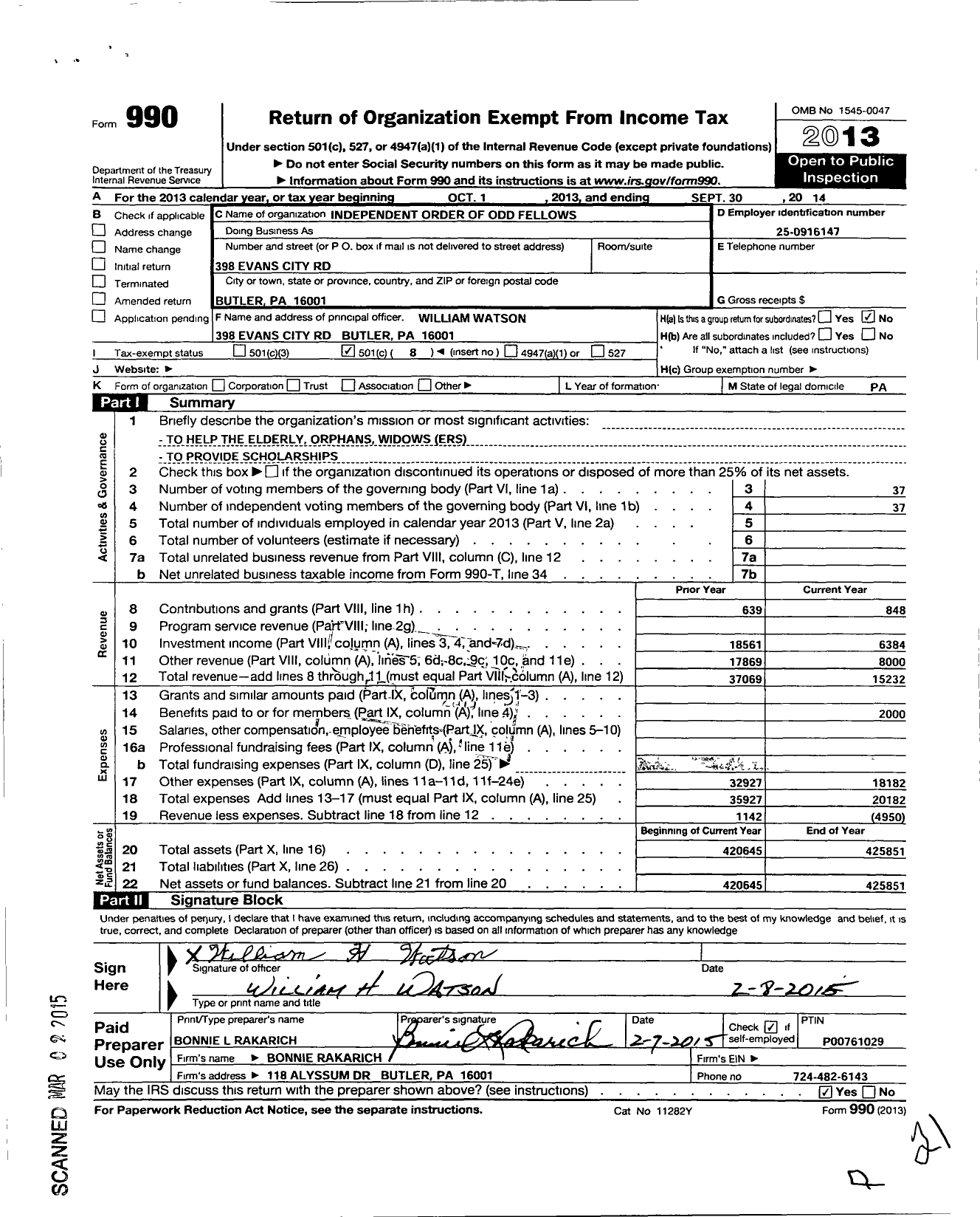 Image of first page of 2013 Form 990O for Independent Order of Odd Fellows - 278 Connoquenessing Lodge