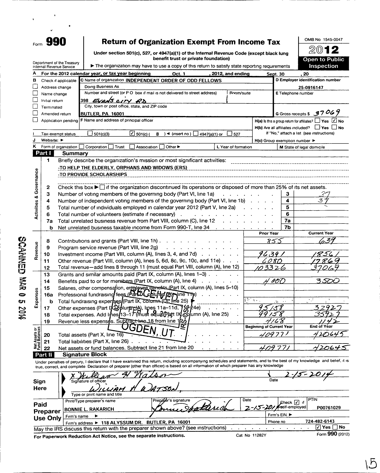 Image of first page of 2011 Form 990O for Independent Order of Odd Fellows - 278 Connoquenessing Lodge