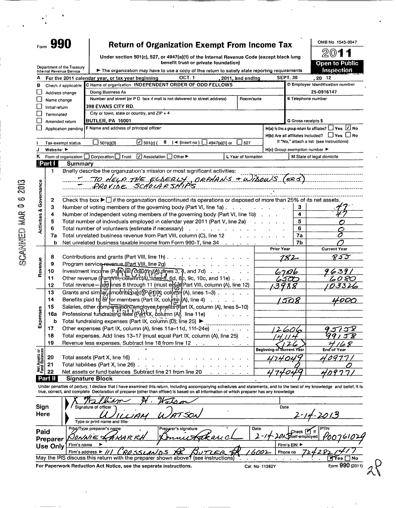 Image of first page of 2011 Form 990O for Independent Order of Odd Fellows - 278 Connoquenessing Lodge