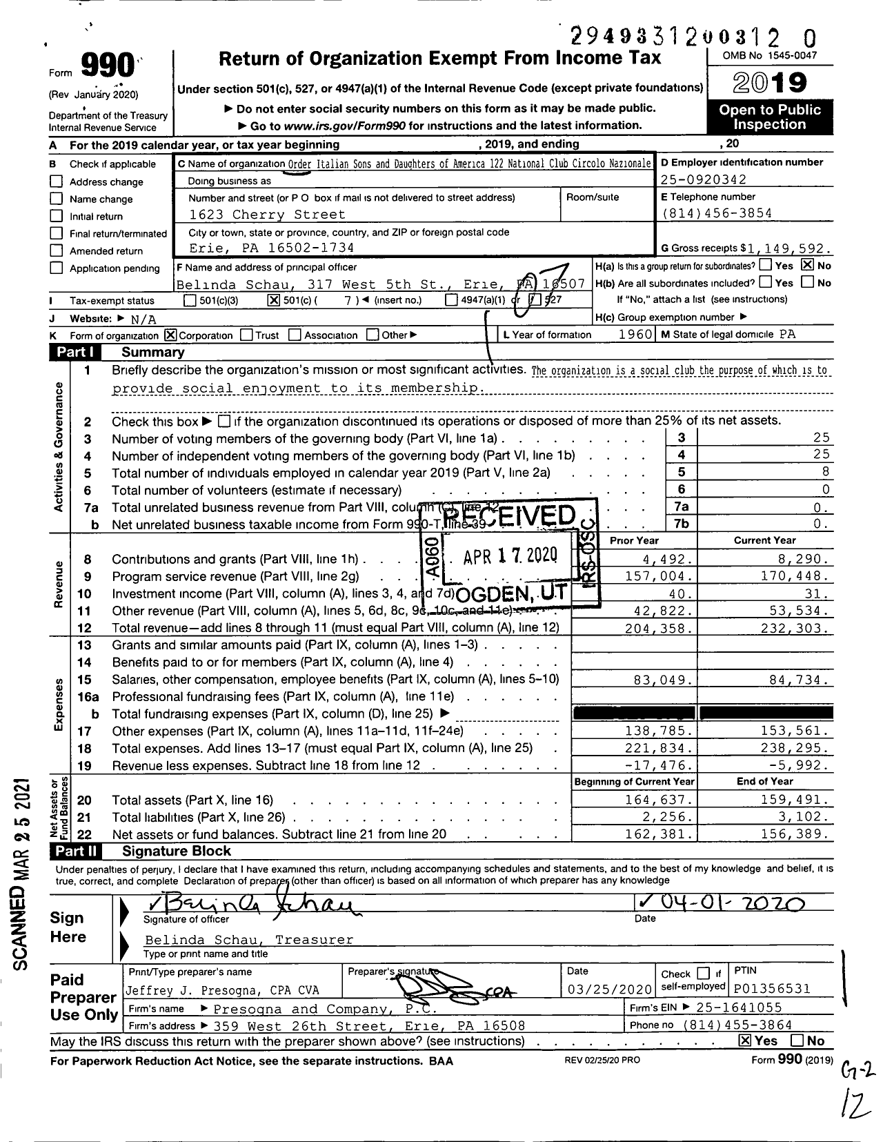 Image of first page of 2019 Form 990O for Order Italian Sons and Daughters of America - 122 National Club Circolo Nazionale