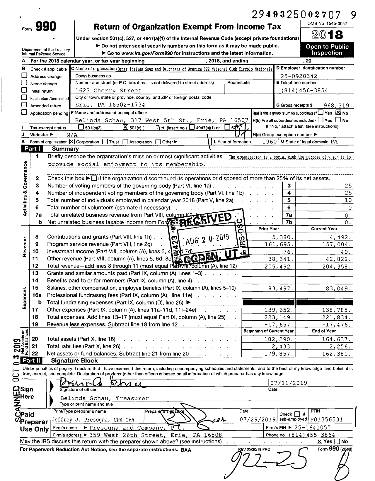 Image of first page of 2018 Form 990O for Order Italian Sons and Daughters of America - 122 National Club Circolo Nazionale