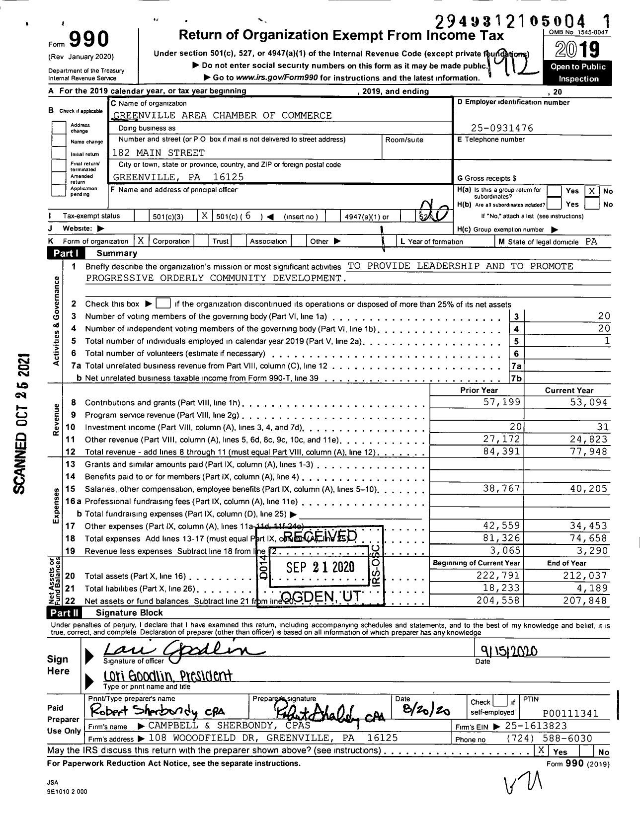 Image of first page of 2019 Form 990O for Greenville Area Chamber of Commerce