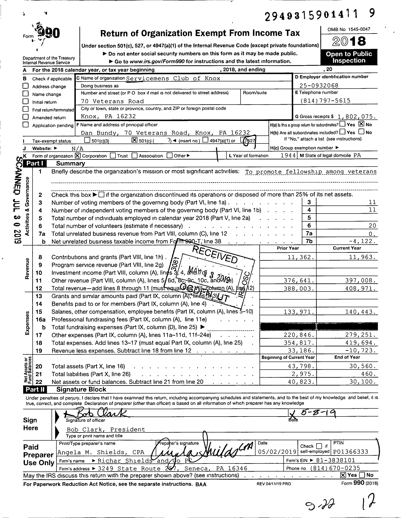 Image of first page of 2018 Form 990O for Serviceman's Club of Knox