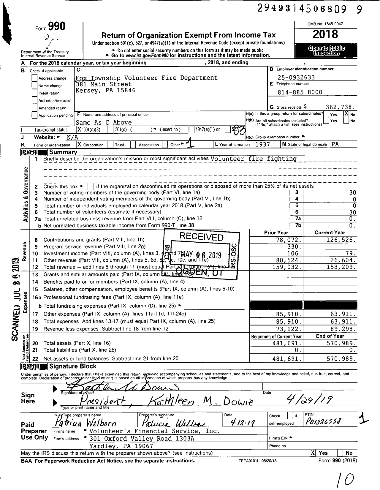 Image of first page of 2018 Form 990 for Fox Township Volunteer Fire Department
