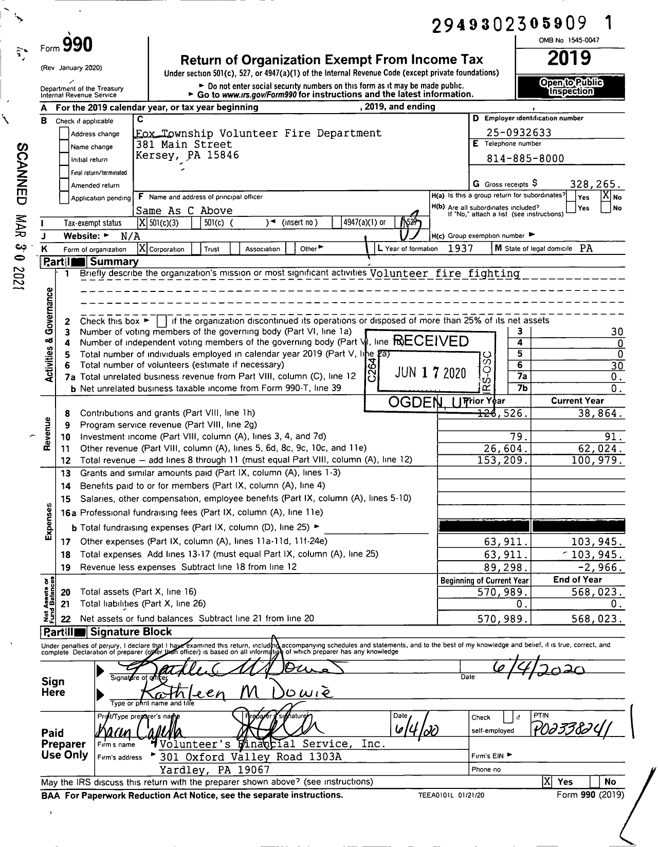 Image of first page of 2019 Form 990 for Fox Township Volunteer Fire Department