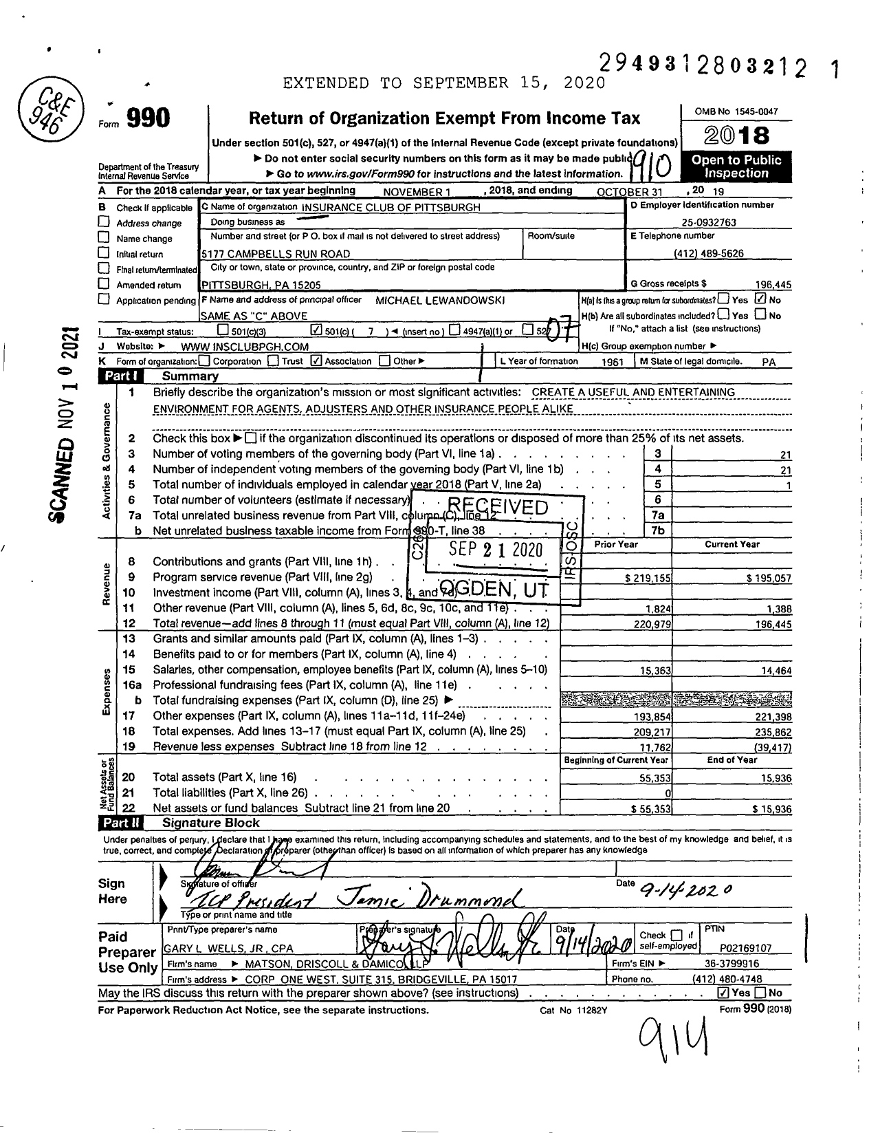 Image of first page of 2018 Form 990O for Insurance Club of Pittsburgh