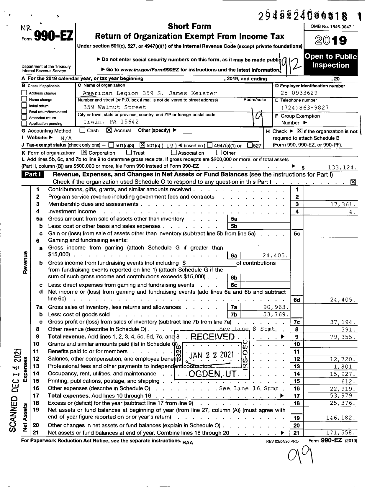 Image of first page of 2019 Form 990EO for American Legion - 359 S James Keister