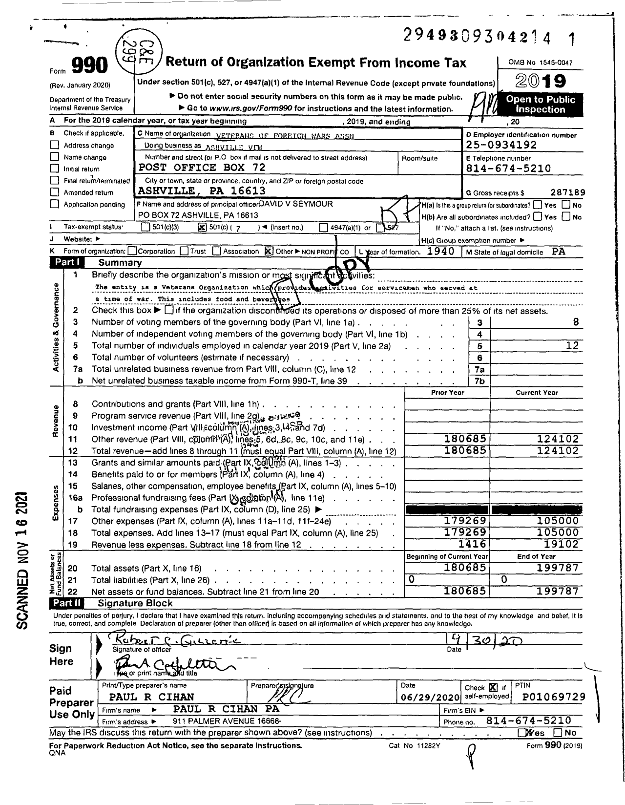 Image of first page of 2019 Form 990O for Ashville VFW