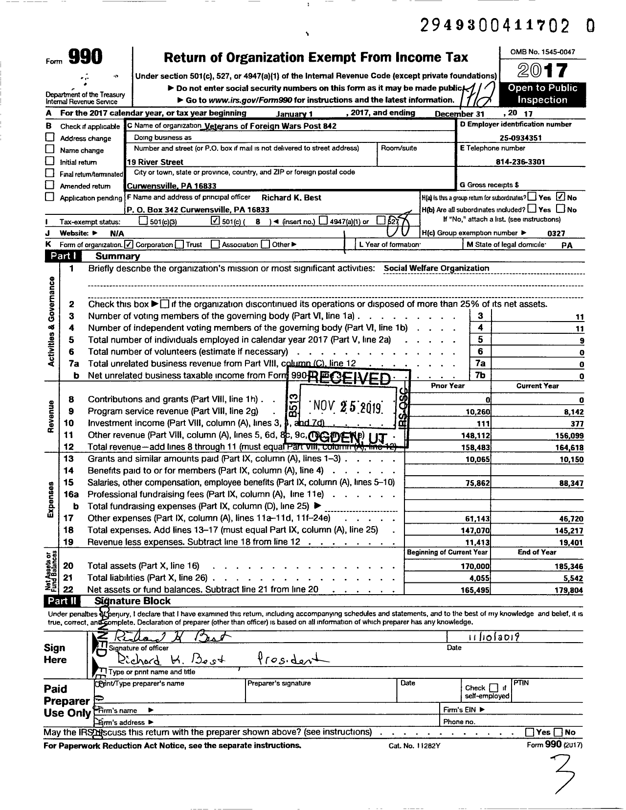 Image of first page of 2017 Form 990O for VFW Department of Pennsylvania - 842 Post