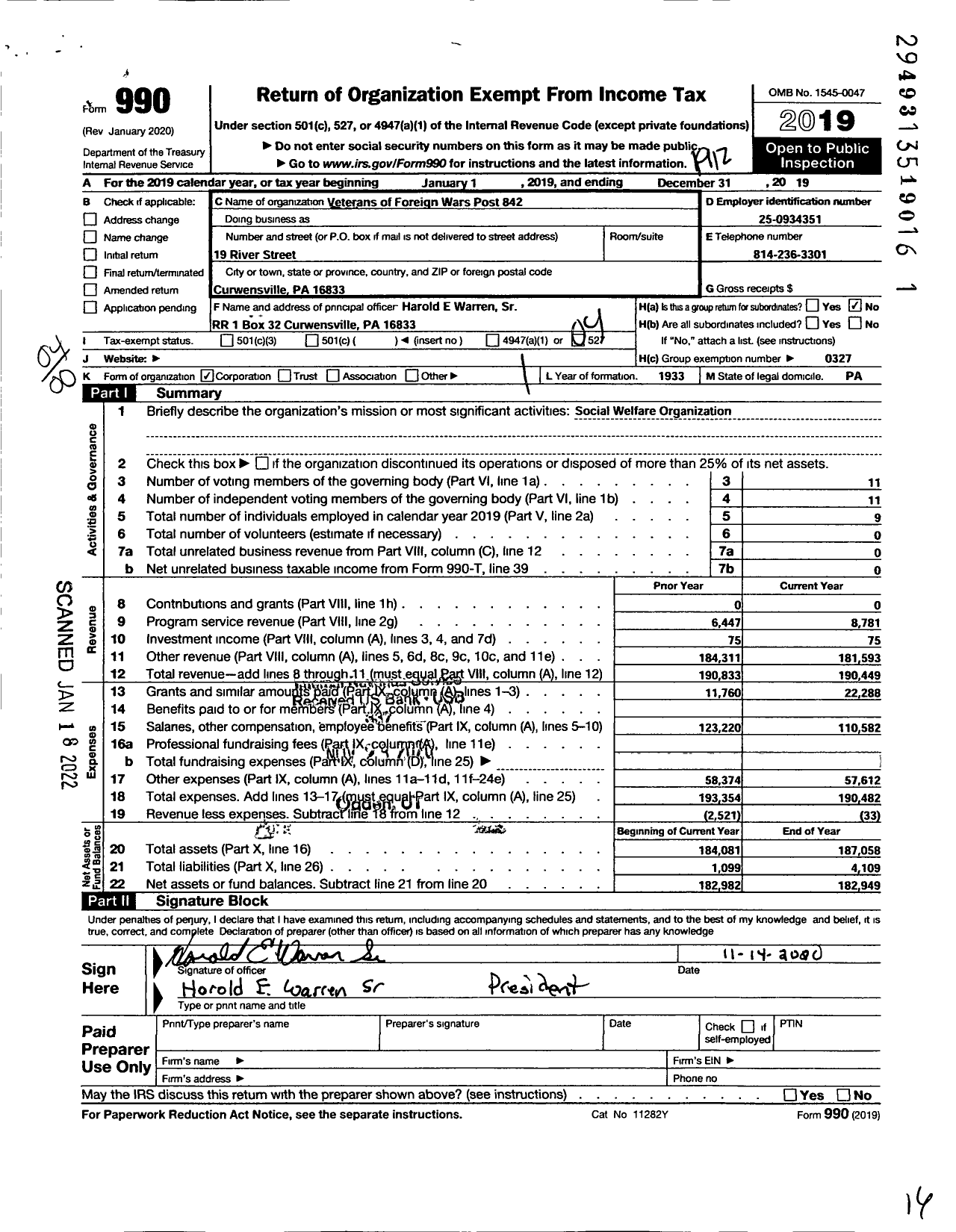 Image of first page of 2019 Form 990O for VFW Department of Pennsylvania - 842 Post