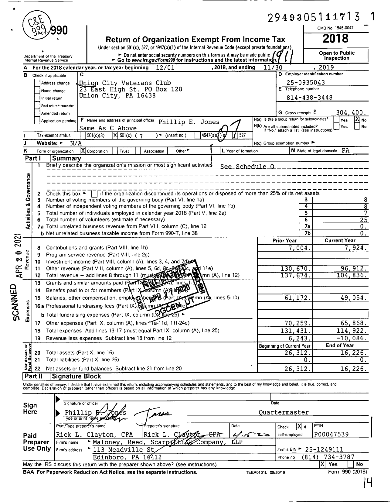 Image of first page of 2018 Form 990O for Union City Veterans Club VFW Post 6773