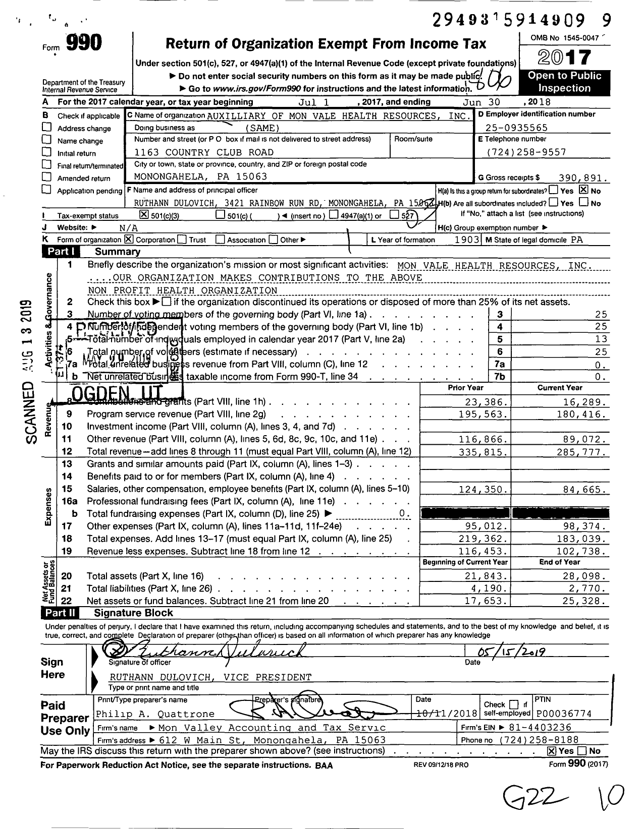 2018 Form 990 for The Auxiliary of Mon Vale Health Resources | Cause IQ