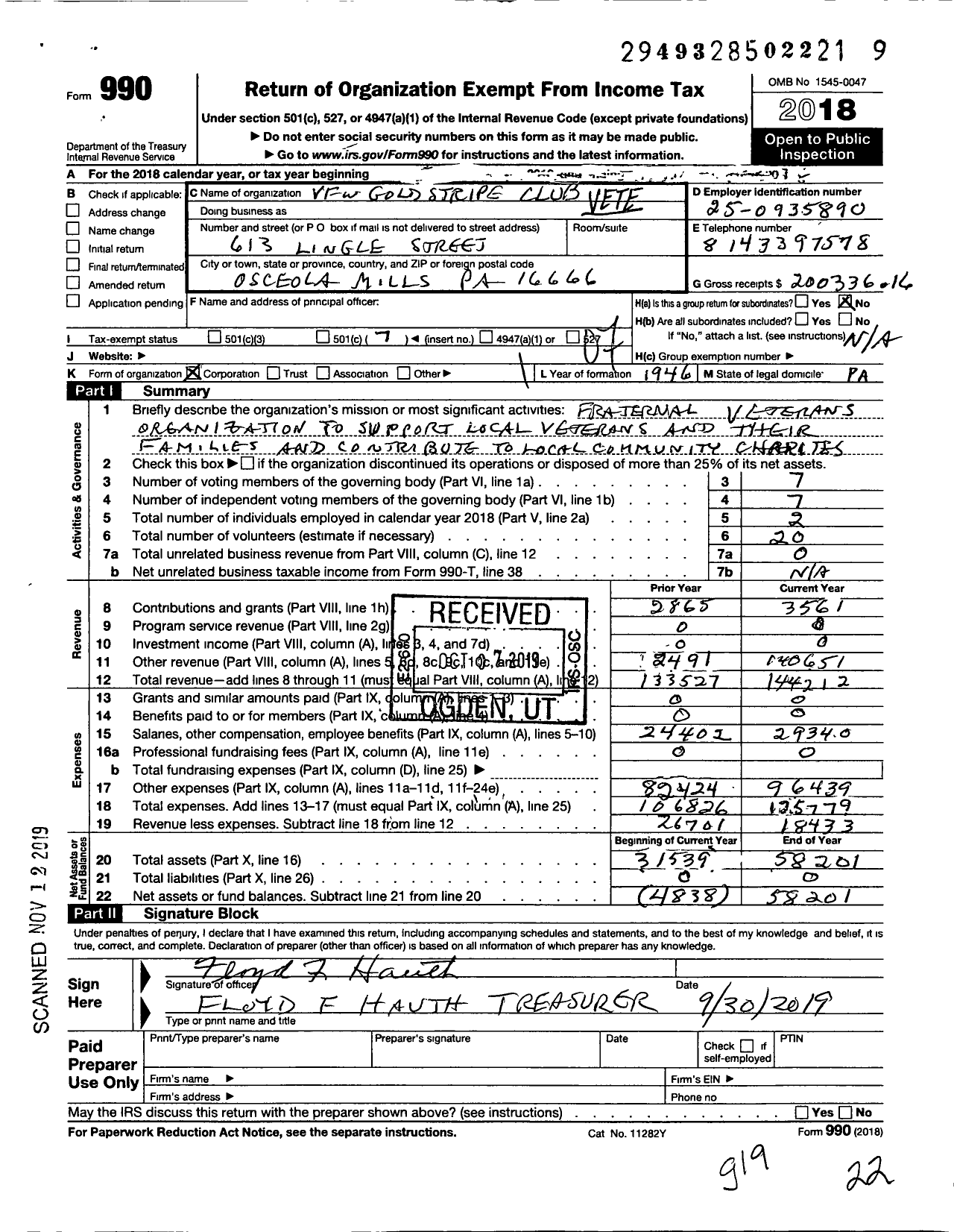 Image of first page of 2018 Form 990O for VFW GOLD STRIPE CLUB VFW Post 5020 GOLD STRIPE CLUB