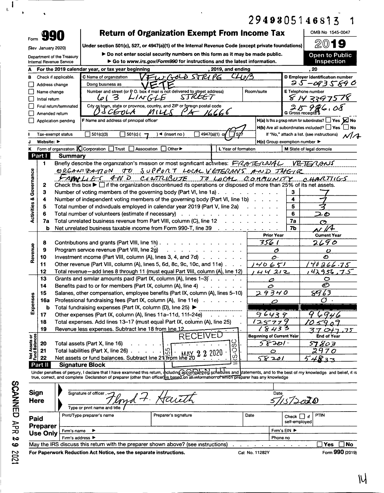 Image of first page of 2019 Form 990O for VFW GOLD STRIPE CLUB VFW Post 5020 GOLD STRIPE CLUB