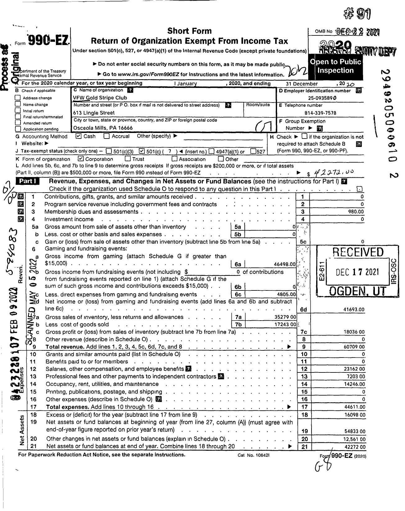 Image of first page of 2020 Form 990EO for VFW GOLD STRIPE CLUB VFW Post 5020 GOLD STRIPE CLUB