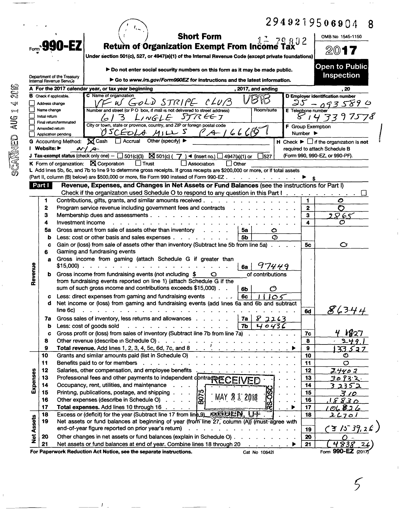 Image of first page of 2017 Form 990EO for VFW GOLD STRIPE CLUB VFW Post 5020 GOLD STRIPE CLUB