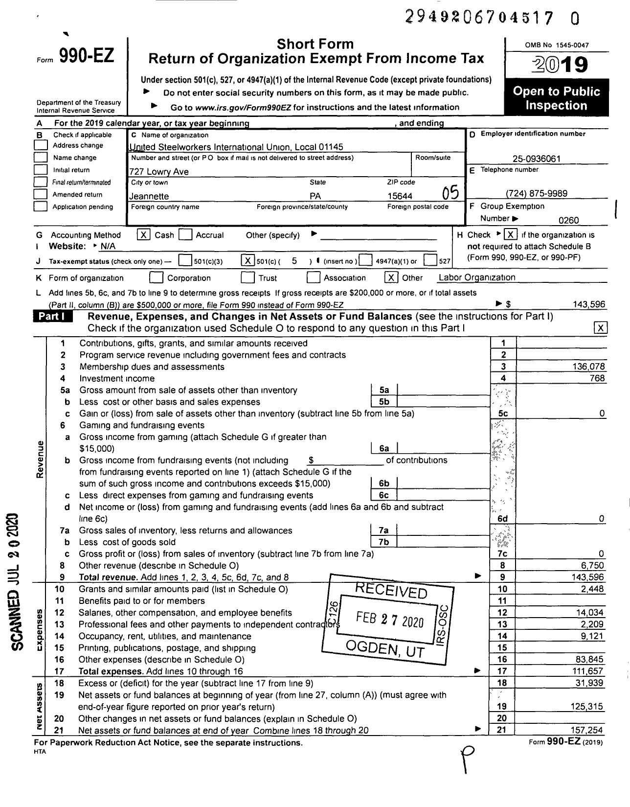 Image of first page of 2019 Form 990EO for United Steelworkers - 01145 Local