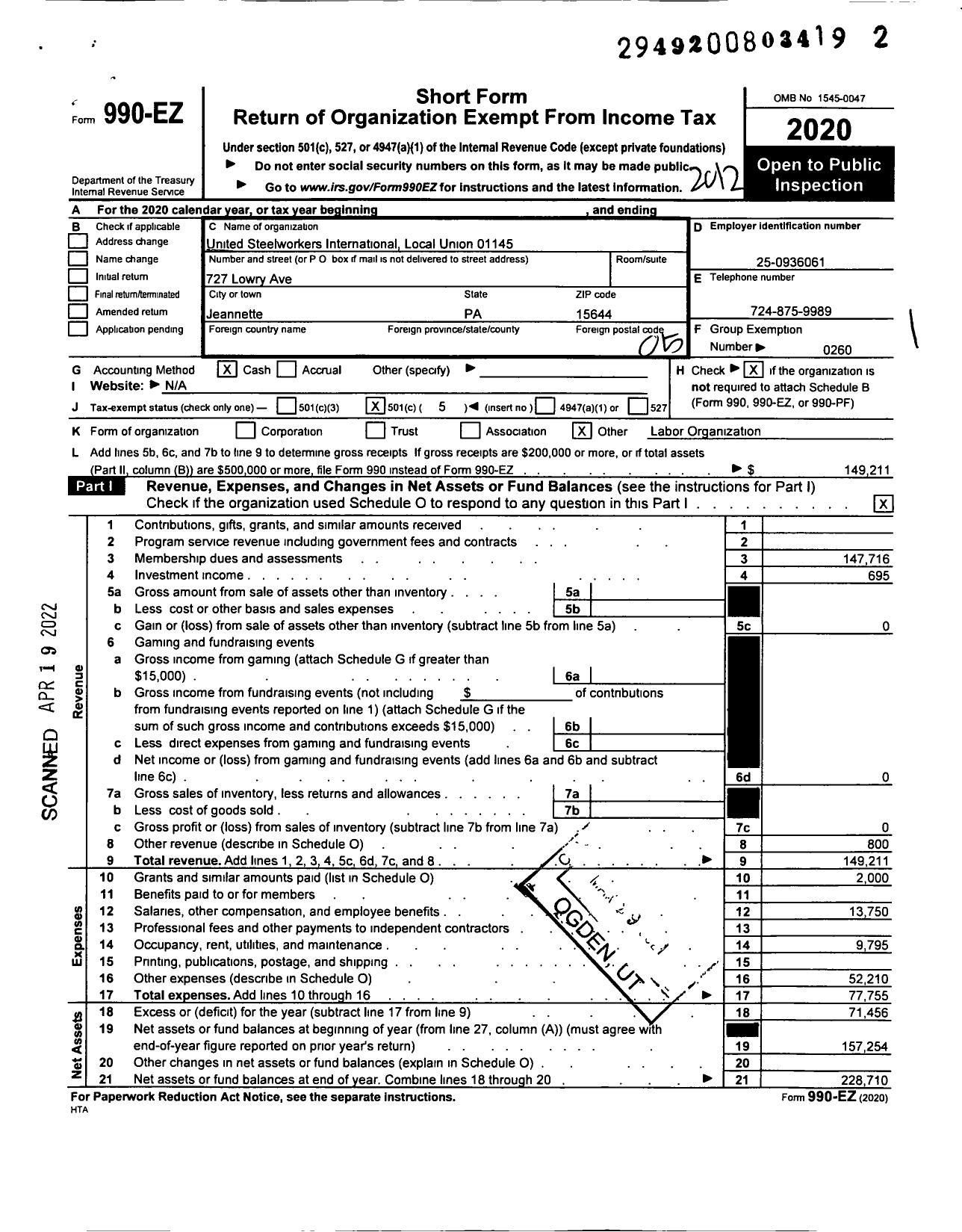 Image of first page of 2020 Form 990EO for United Steelworkers - 01145 Local