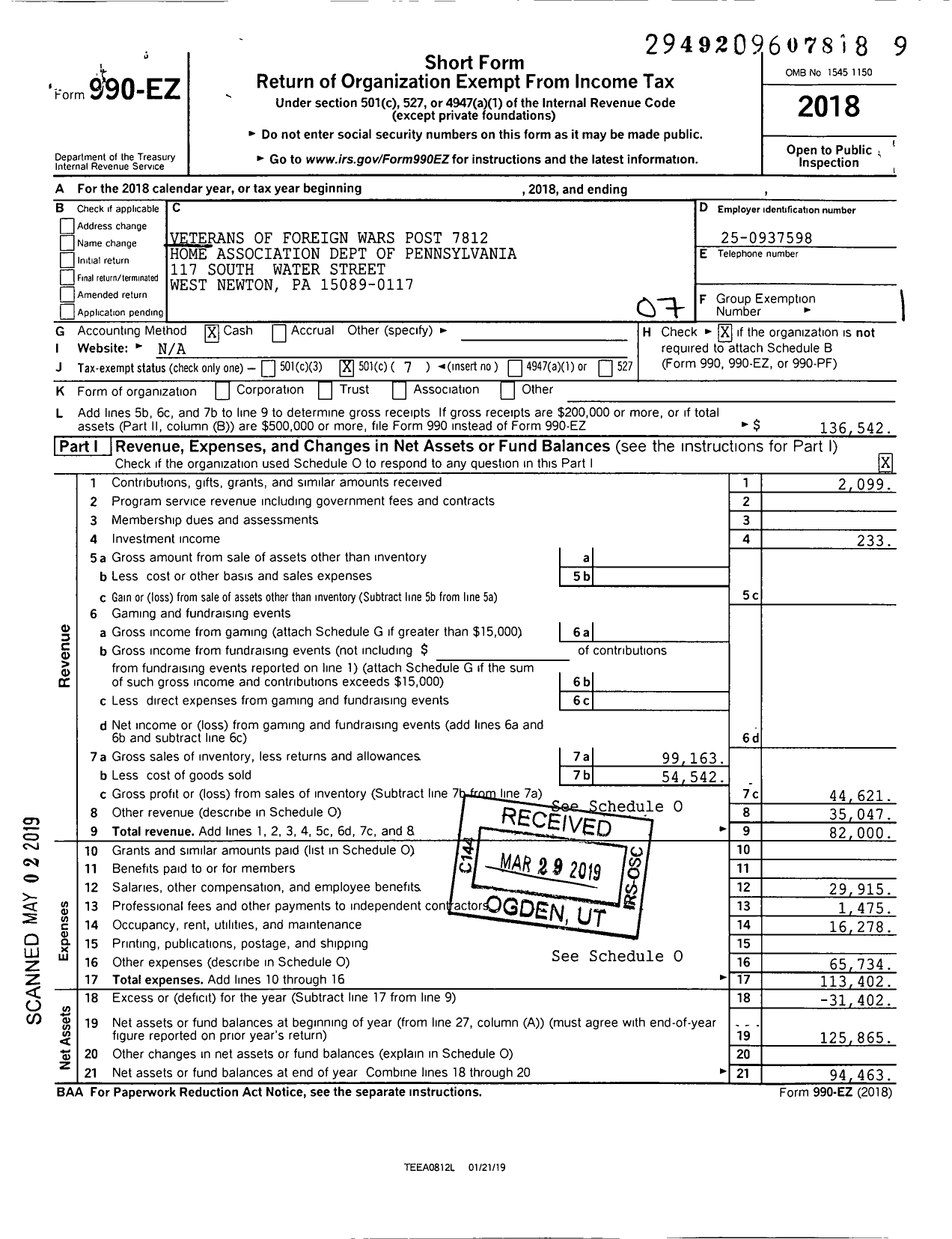 Image of first page of 2018 Form 990EO for VFW Department of Pennsylvania - Home Association Dept of Pa