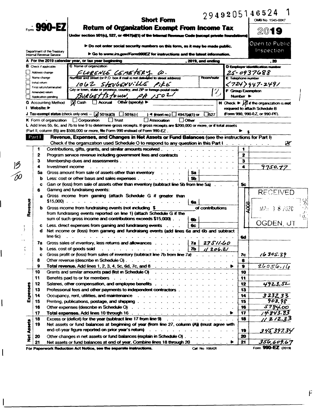 Image of first page of 2019 Form 990EO for Florence Cemetery