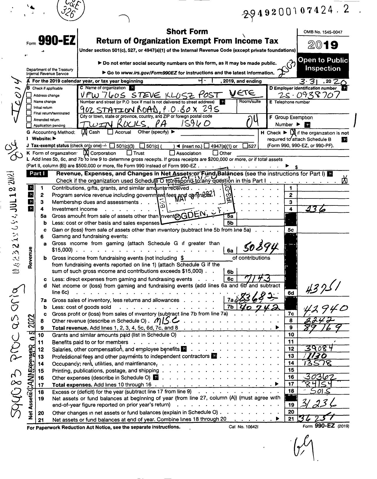 Image of first page of 2019 Form 990EO for VFW Department of Pennsylvania - 7605 Steve Klosz Post