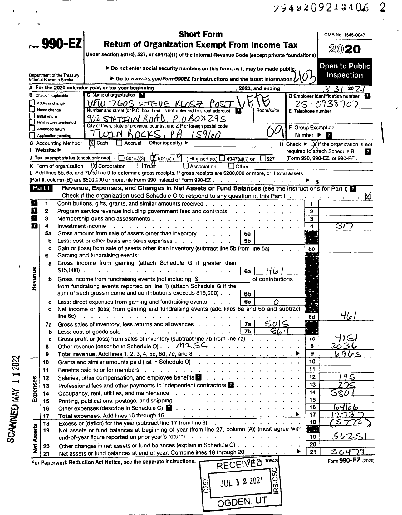 Image of first page of 2020 Form 990EO for VFW Department of Pennsylvania - 7605 Steve Klosz Post