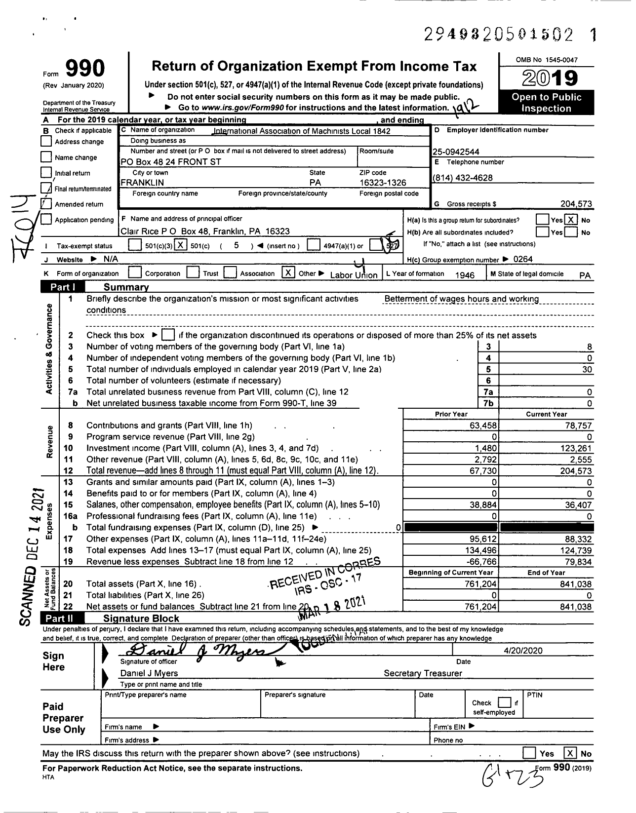 Image of first page of 2019 Form 990O for International Association of Machinists and Aerospace Workers - 1842