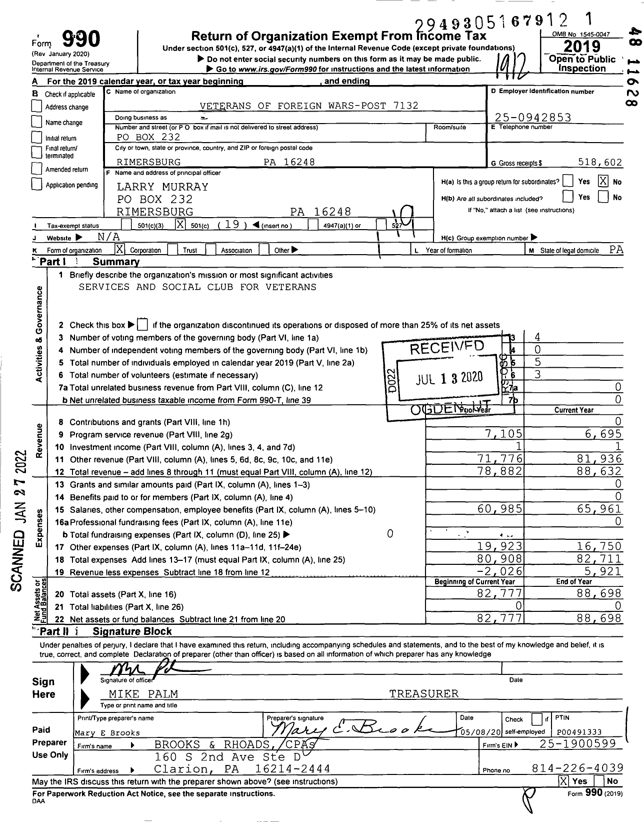 Image of first page of 2019 Form 990O for VFW Department of Pennsylvania - 7132 Vfw-Penn