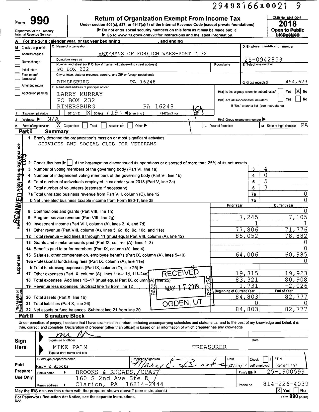 Image of first page of 2018 Form 990O for VFW Department of Pennsylvania - 7132 Vfw-Penn