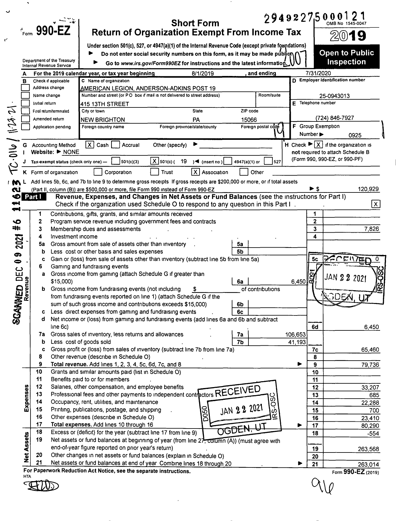 Image of first page of 2019 Form 990EO for American Legion - 19 Anderson-Adkins Inc Post